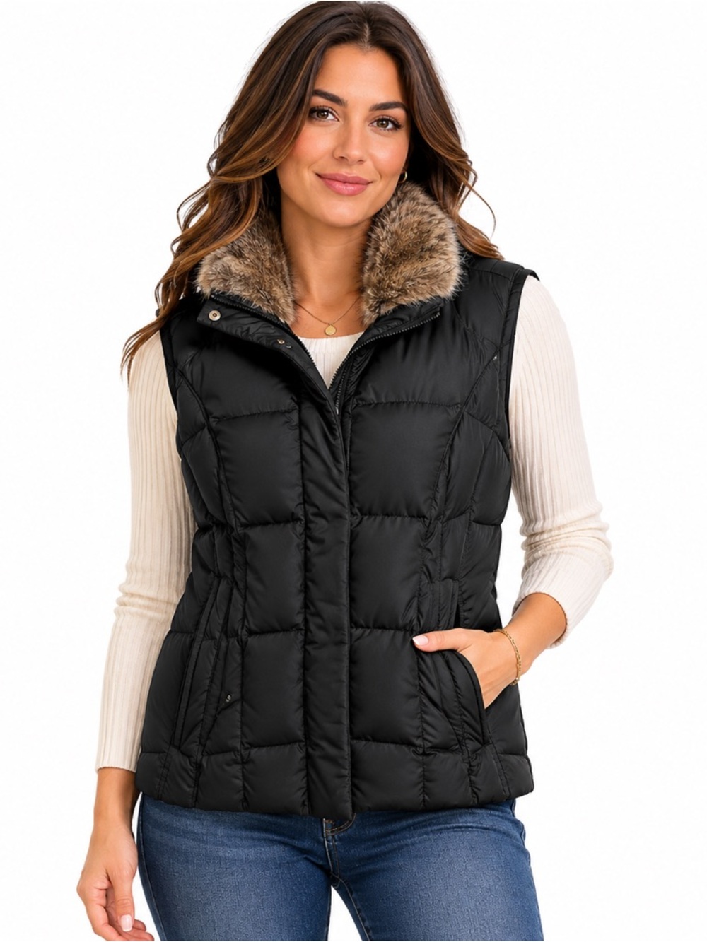 Eddie Bauer Goose Down Puffer Vest Faux Fur Trim Black Zip Size Small